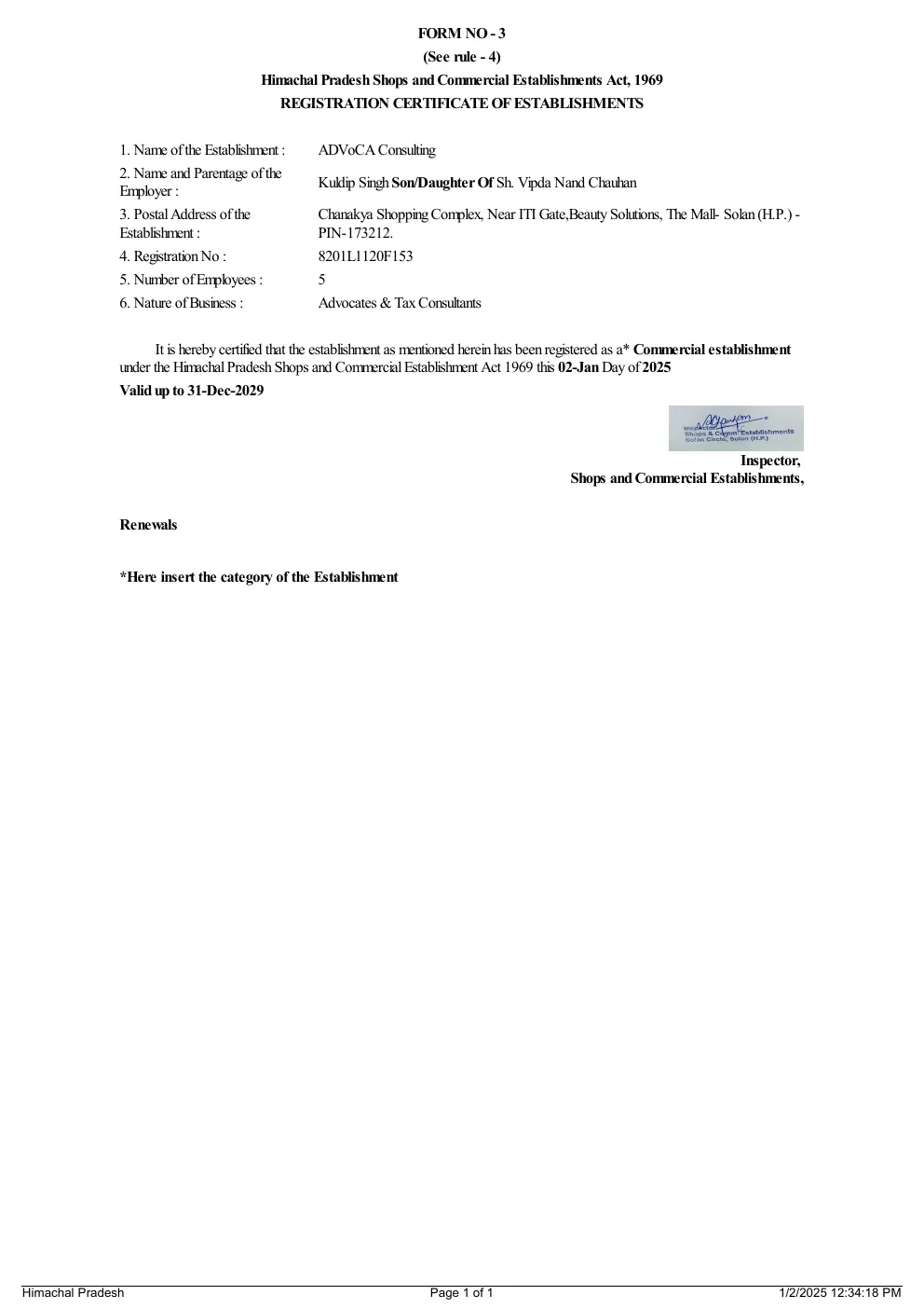 Shops and Commercial Establishment registration certificate