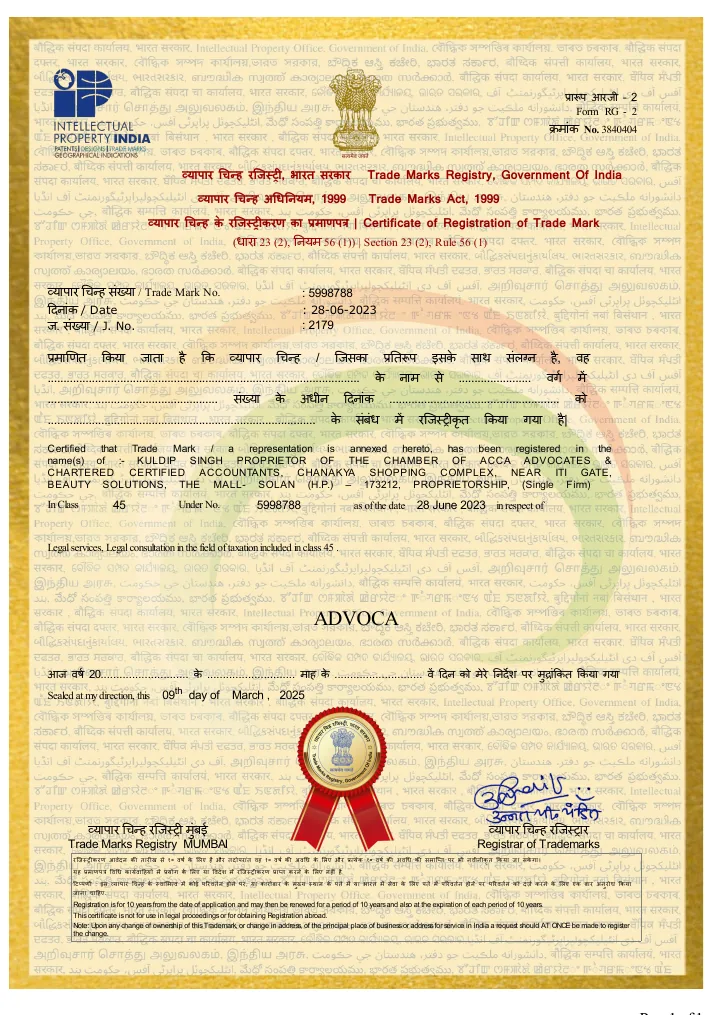 Trade Mark Registration Certificate no. 5998788